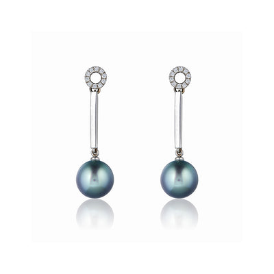 White Gold and Diamond Drop Earrings with Grey Pearl