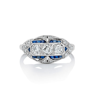 White Gold Ring With 3 Round Brilliant-Cut Diamonds With 12 Sapphires