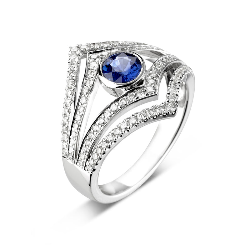 18ct White Gold Diamond & Sapphire Double Wishbone Dress Ring