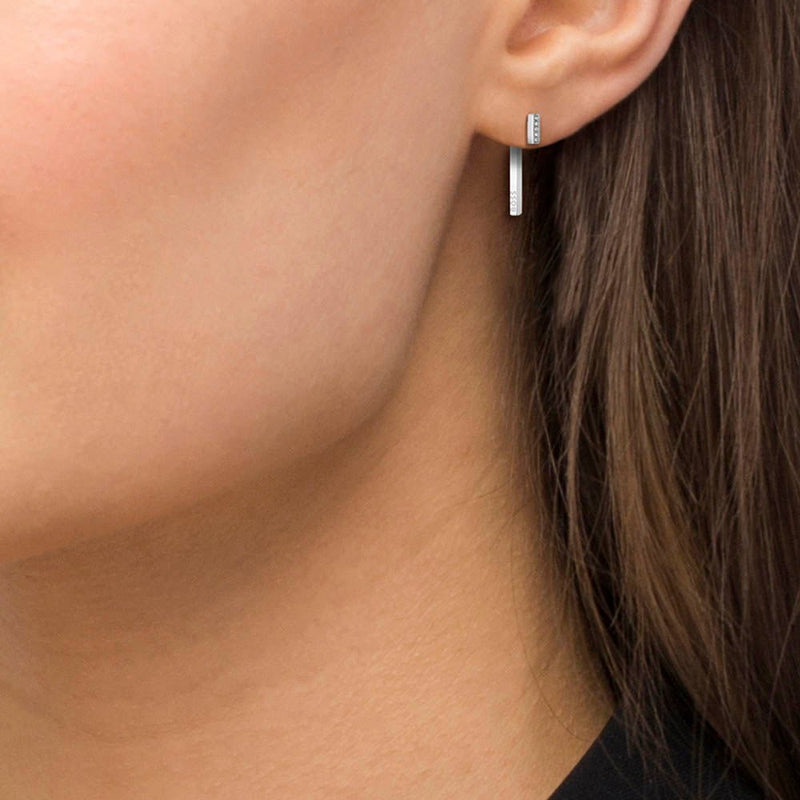 Ladies BOSS Saya Split Drop Steel and CZ Earrings - Steffans Jewellers
