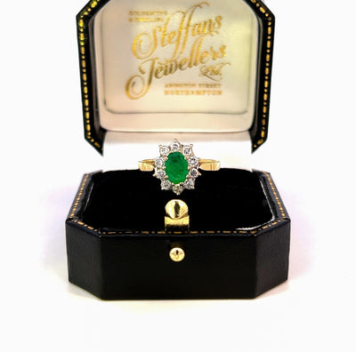 Oval Mixed-Cut Emerald Green Ring With 10 Brilliant-Cut Diamonds - Steffans Jewellers