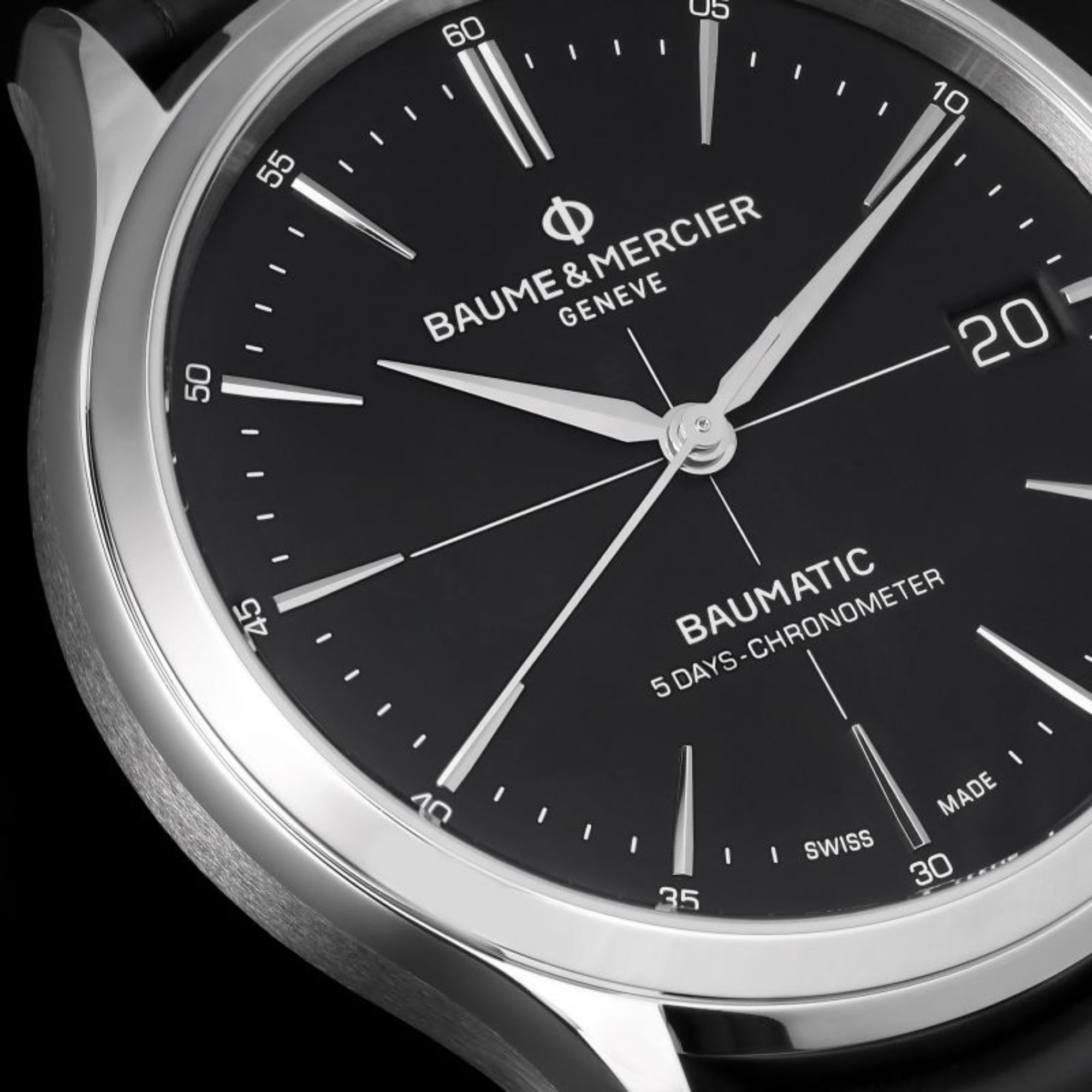 Baume & Mercier Clifton Baumatic Automatic Black Dial Black Leather Strap Men’s Watch