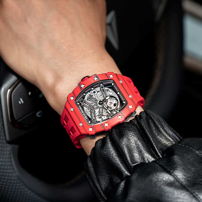 Tsar Bomba Elemental Series-Carbon Fibre Automatic Red Strap Men&