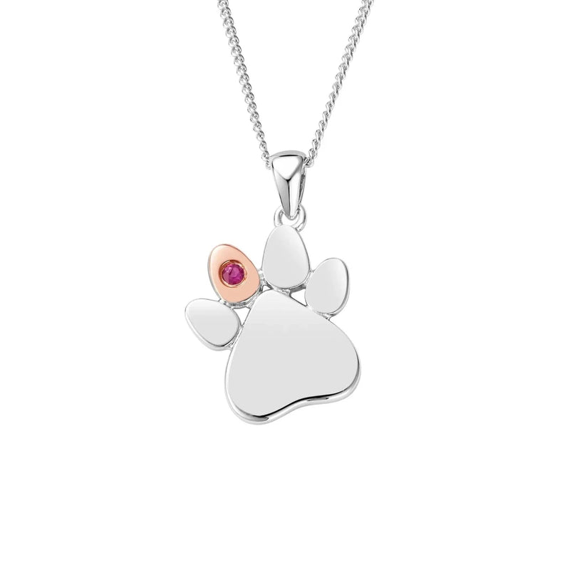 Clogau Sterling Silver Paw Prints on My Heart Necklace July Ruby Birthstone