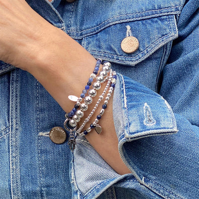 Steff Silver & Sodalite Gemstone Bead Celestial Love Bracelet Triple Stack