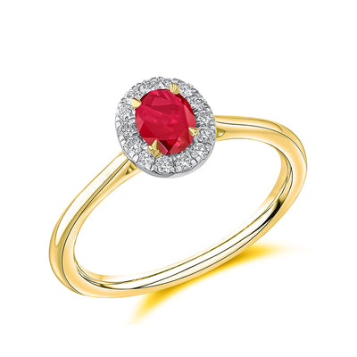 Yellow Gold & Platinum Ruby Engagement Ring with Diamond Halo