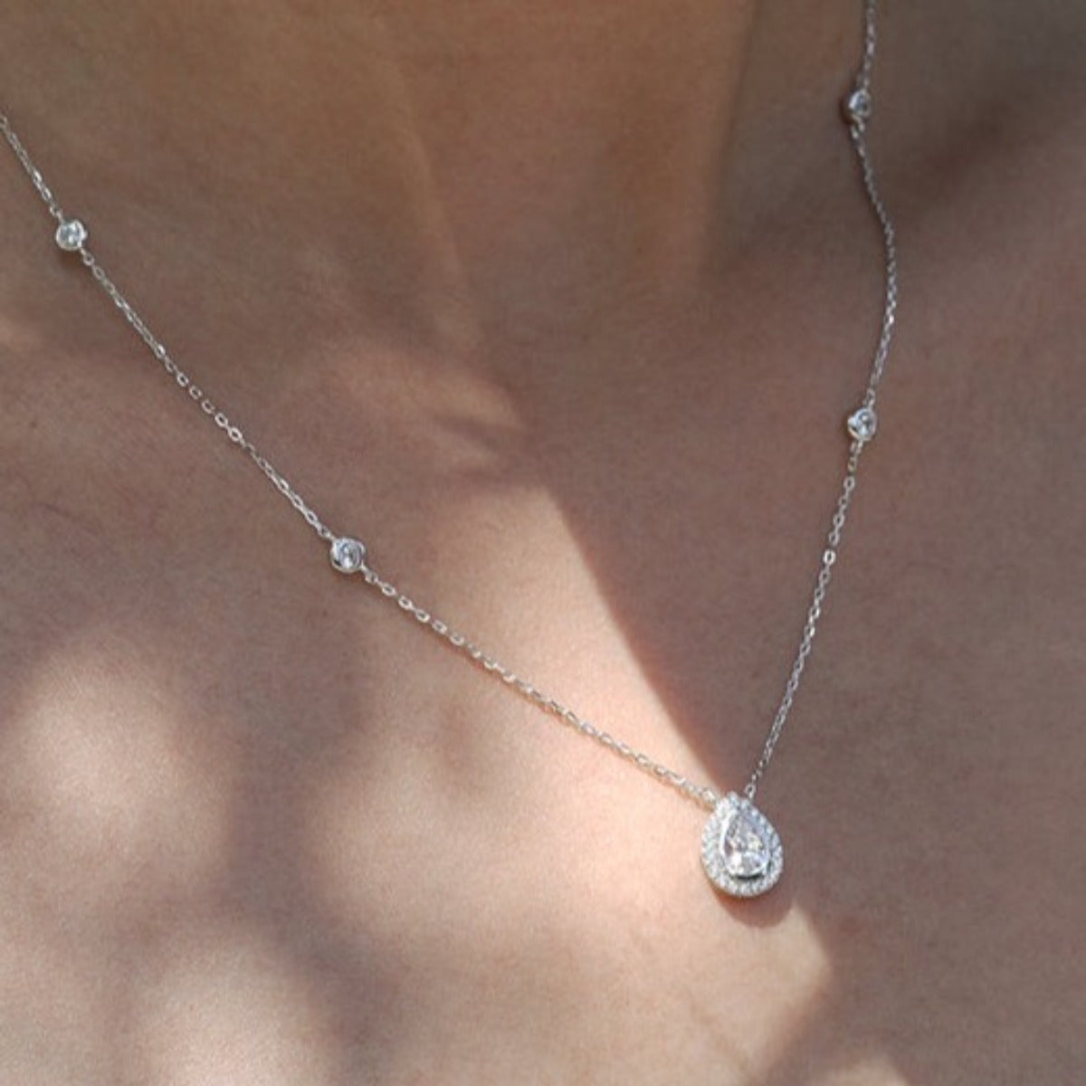 CARAT* London Sterling Silver Emile Pear Borderset Necklace