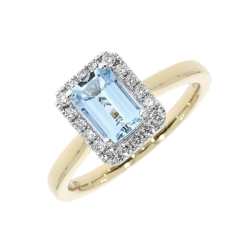 18ct Yellow Gold 0.84ct Aquamarine Engagement Ring with Diamond Halo