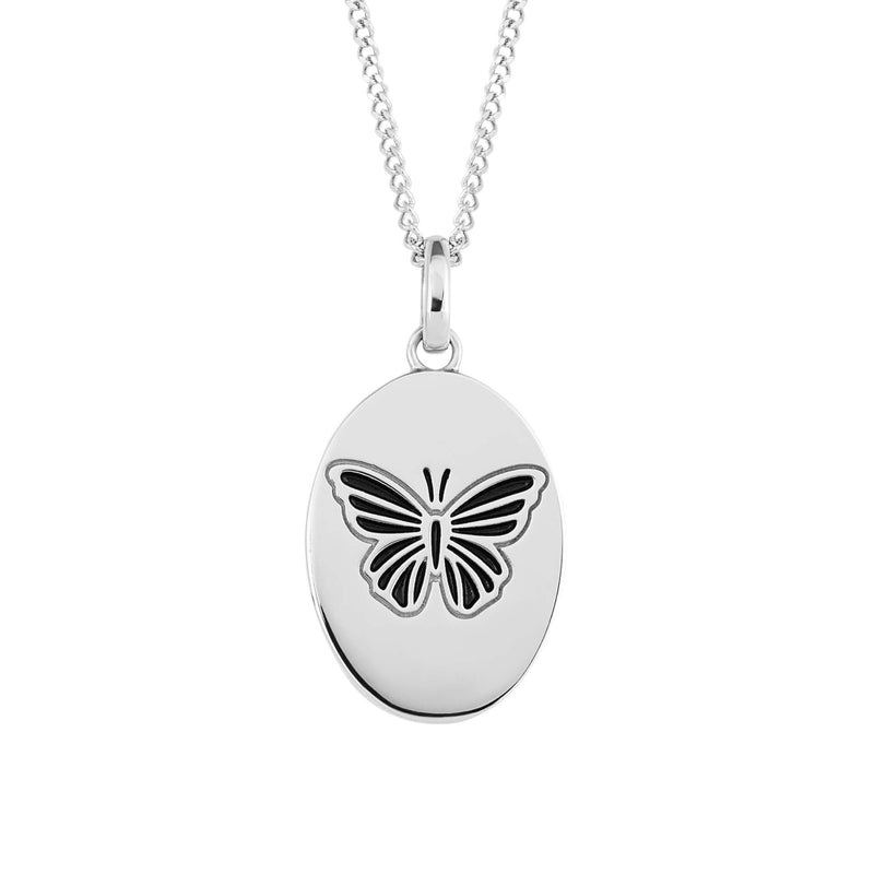 9ct White Gold Butterfly Engraved Oval Disc Pendant