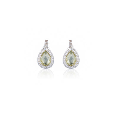 White Gold and Diamond Tear Drop Earrings with Lemon Quartz