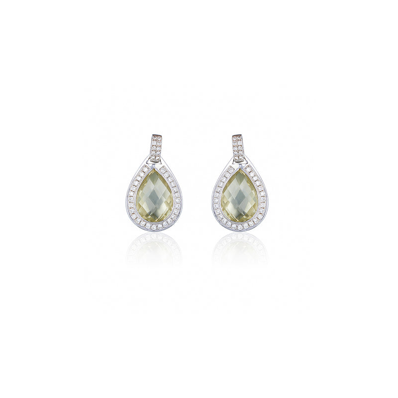 White Gold and Diamond Tear Drop Earrings with Lemon Quartz