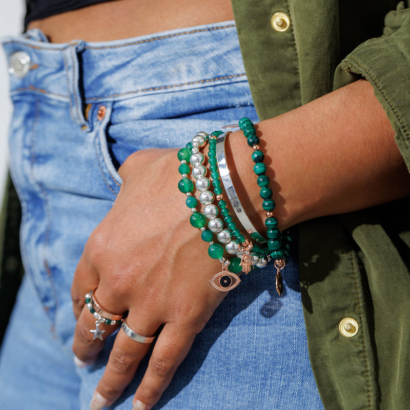Steff Silver & Green Onyx Agate Gemstone Bead Bracelet with Hamsa Hand Charm