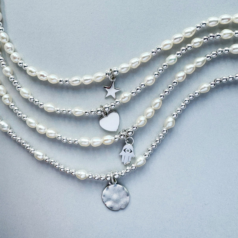 Steff Sterling Silver & Pearl Bead Anklet With Heart Charm