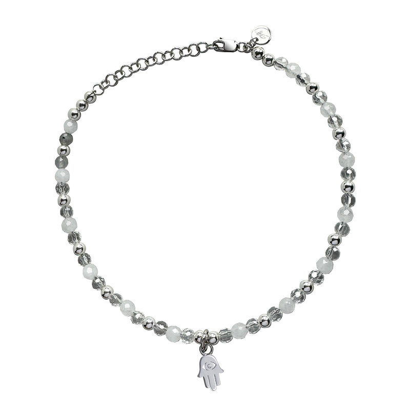 Steff Sterling Silver, Crystal & White Jade Bead Anklet With Hamsa Hand Charm