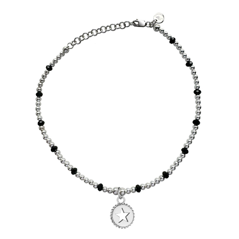 Steff Sterling Silver & Black Onyx Bead Anklet With Star Disk Charm