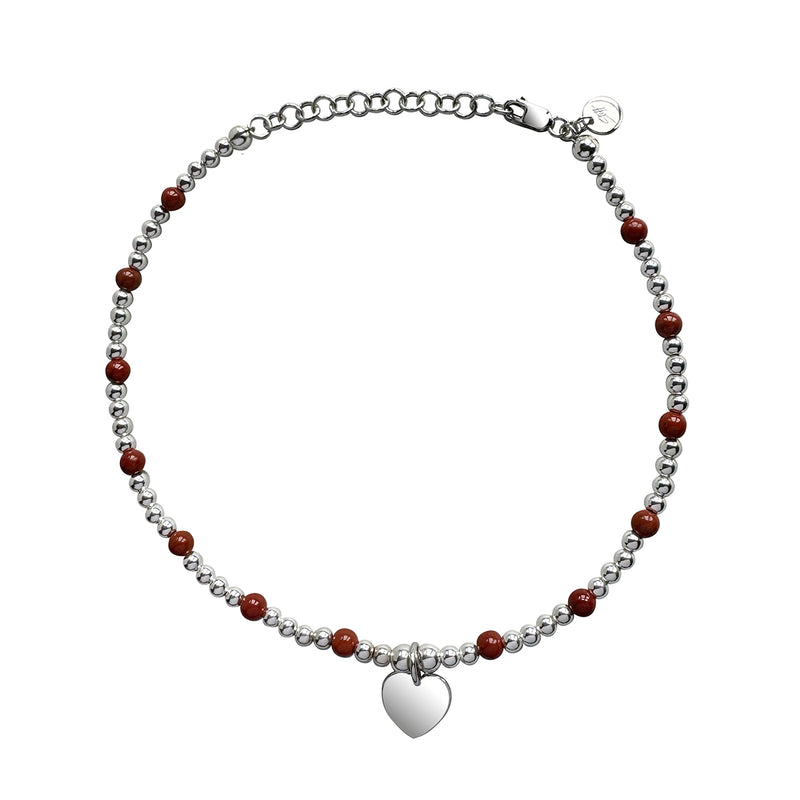 Steff Sterling Silver & Red Jasper Bead Anklet With Heart Charm