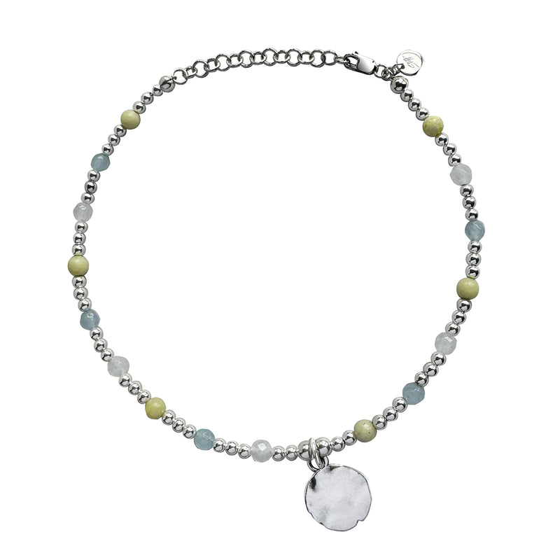 Steff Sterling Silver, Angelite, Lemon & White Jade Bead  Anklet With Disk Charm