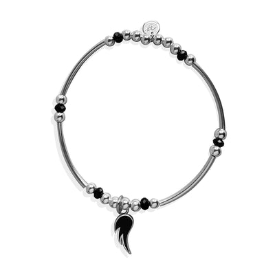 Steff Silver & Black Onyx Bead Bracelet with Black Enamel Angel Wing Charm