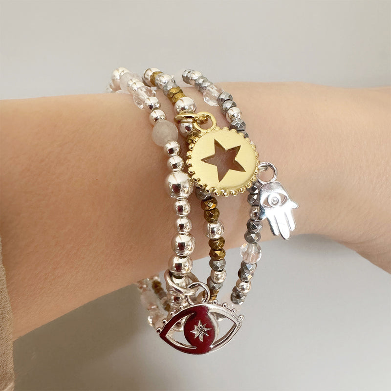 Steff Silver Celestial Glow Bead Bracelet with Hand of Hamsa Charm