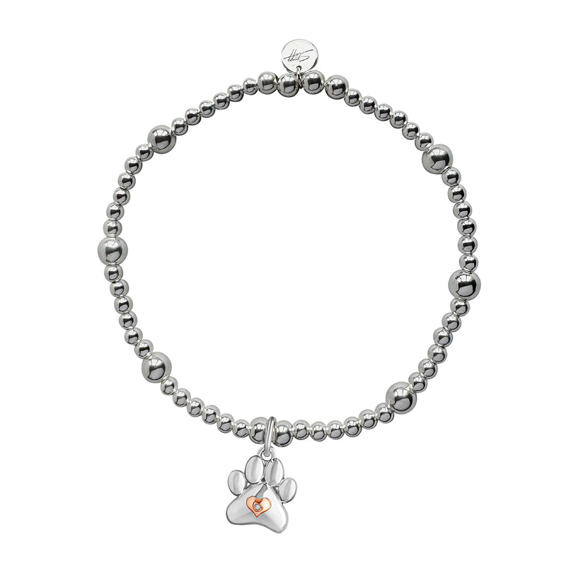 Steff Silver Bead Bracelet with Silver & Diamond Paw Print Charm