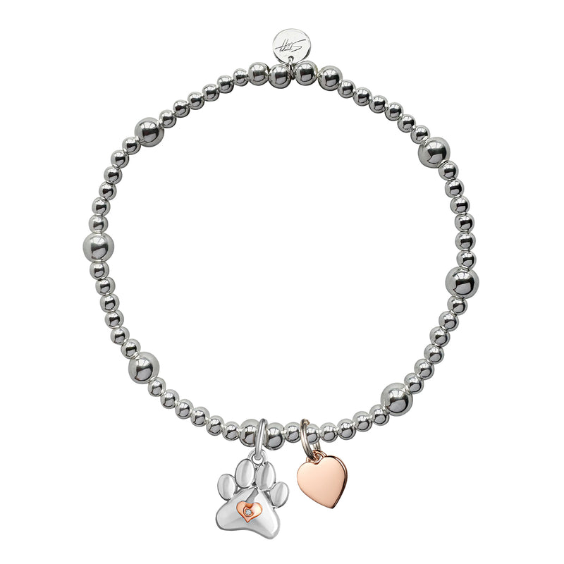 Steff Silver Bead Bracelet with Paw Print & Personalised Heart Charms