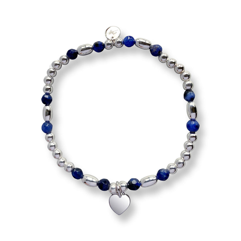 Steff Silver & Sodalite Gemstone Bead Bracelet with Heart Charm
