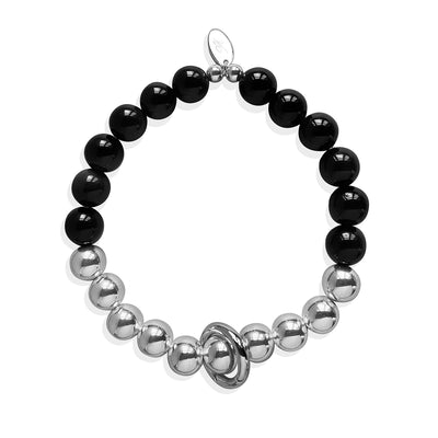 Steff Silver & Black Obsidian Big Bead Bracelet with Charm Link