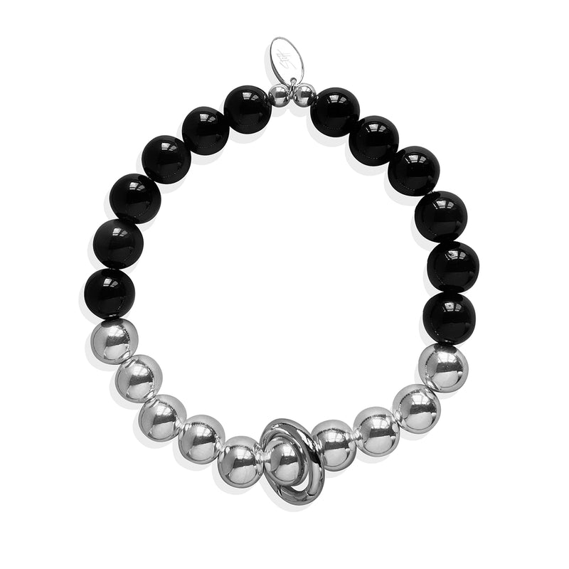 Steff Silver & Black Obsidian Big Bead Bracelet with Charm Link
