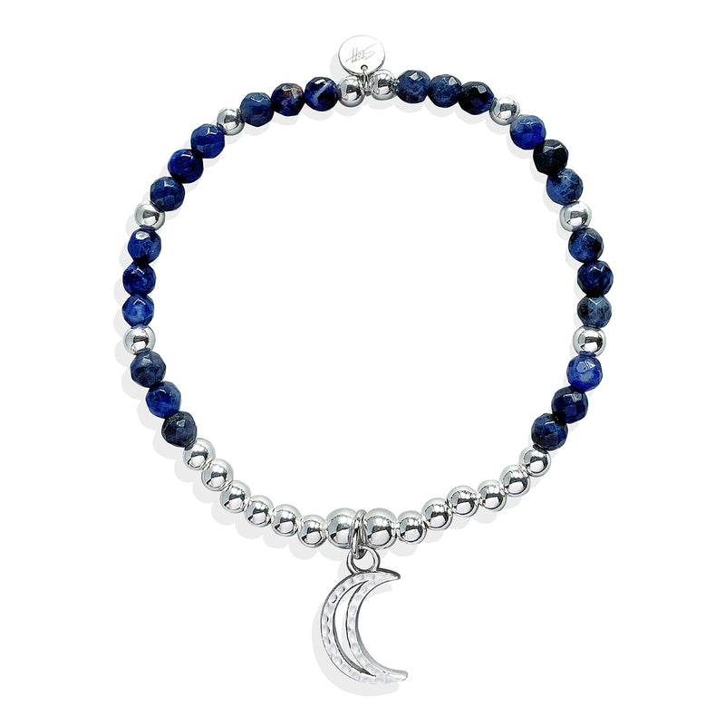 Steff Silver & Sodalite Gemstone Bead Bracelet with Crescent Moon Charm