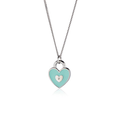 Steff Silver, Aqua Blue Enamel & Diamond Love Lock Pendant