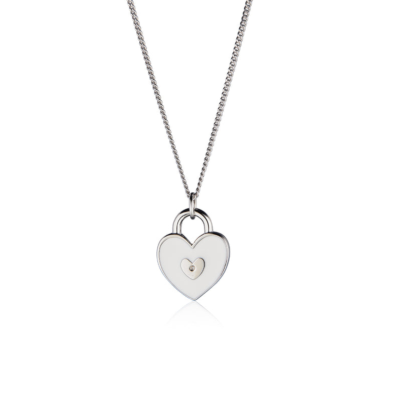 Steff Silver, White Enamel & Diamond Love Lock Pendant