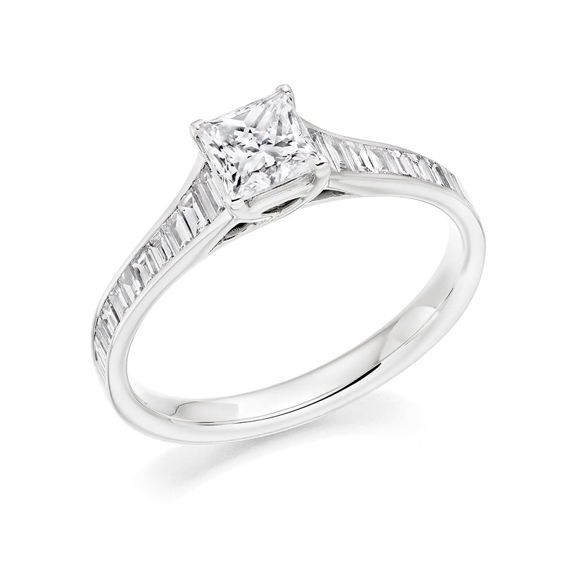 Platinum 0.95ct Princess & Baguette Cut Shoulder Set Diamond Ring