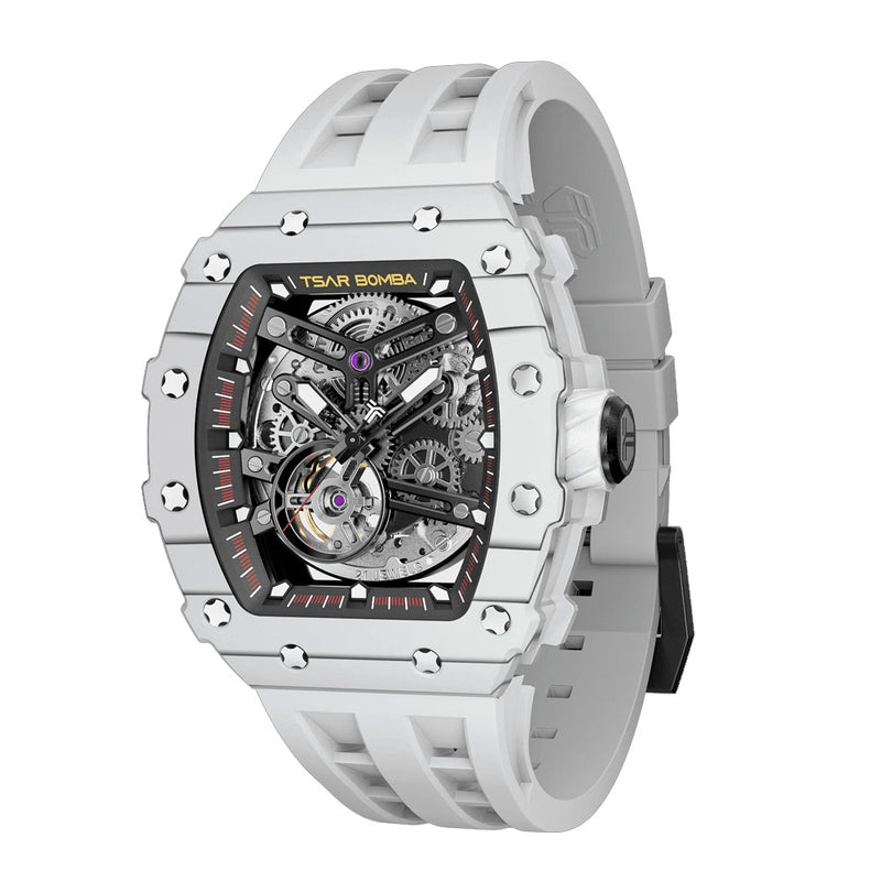 Tsar Bomba Elemental Series-Carbon Fibre Automatic White Strap Men&