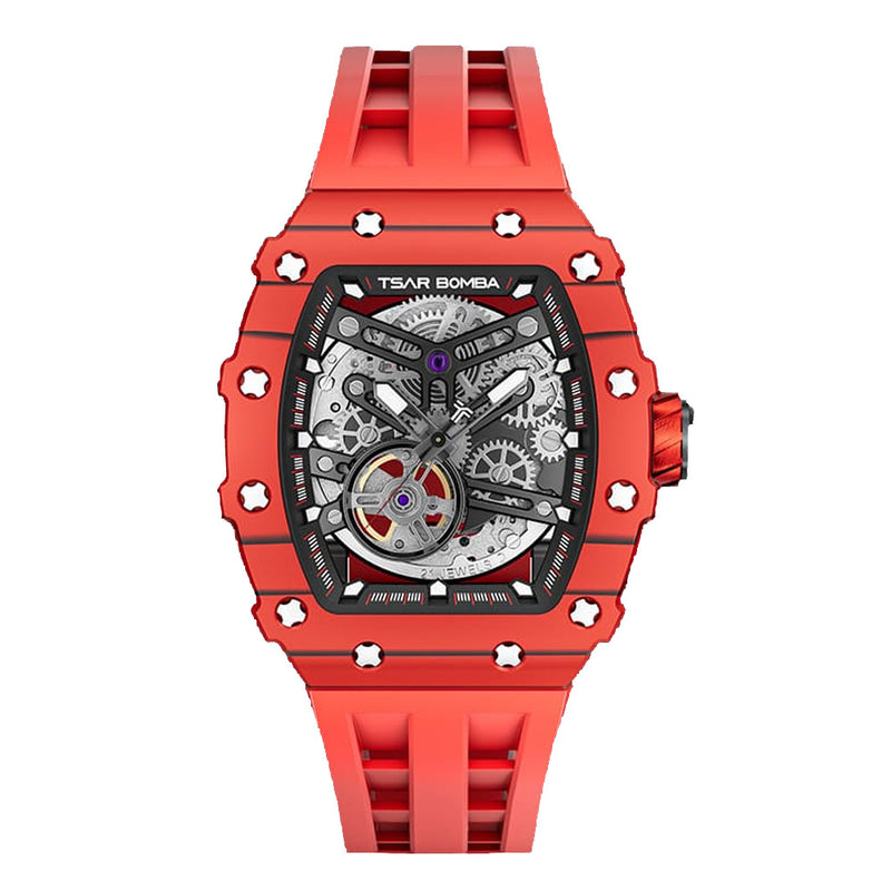 Tsar Bomba Elemental Series-Carbon Fibre Automatic Red Strap Men&