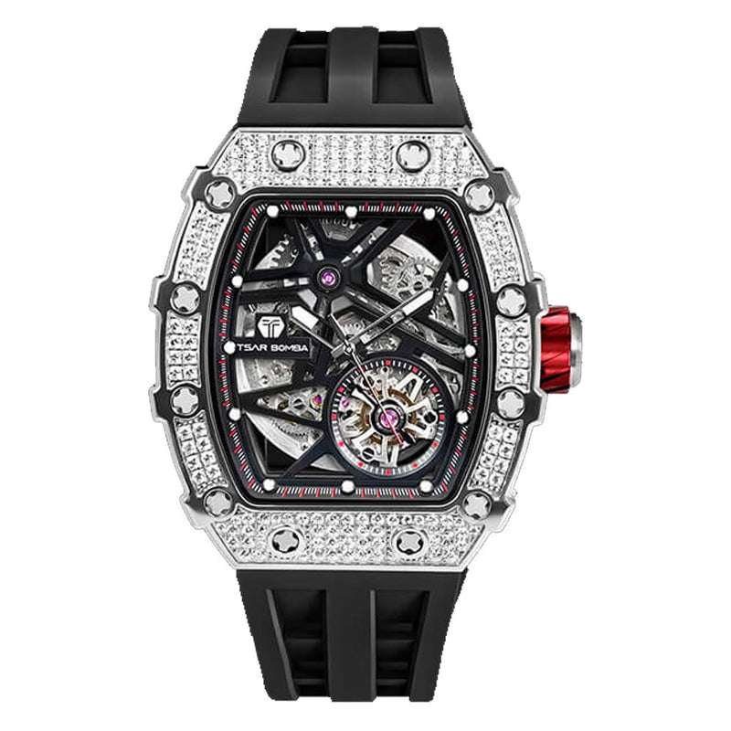 Tsar Bomba Elemental Series-Cubic Zirconia Automatic Black Strap Men&