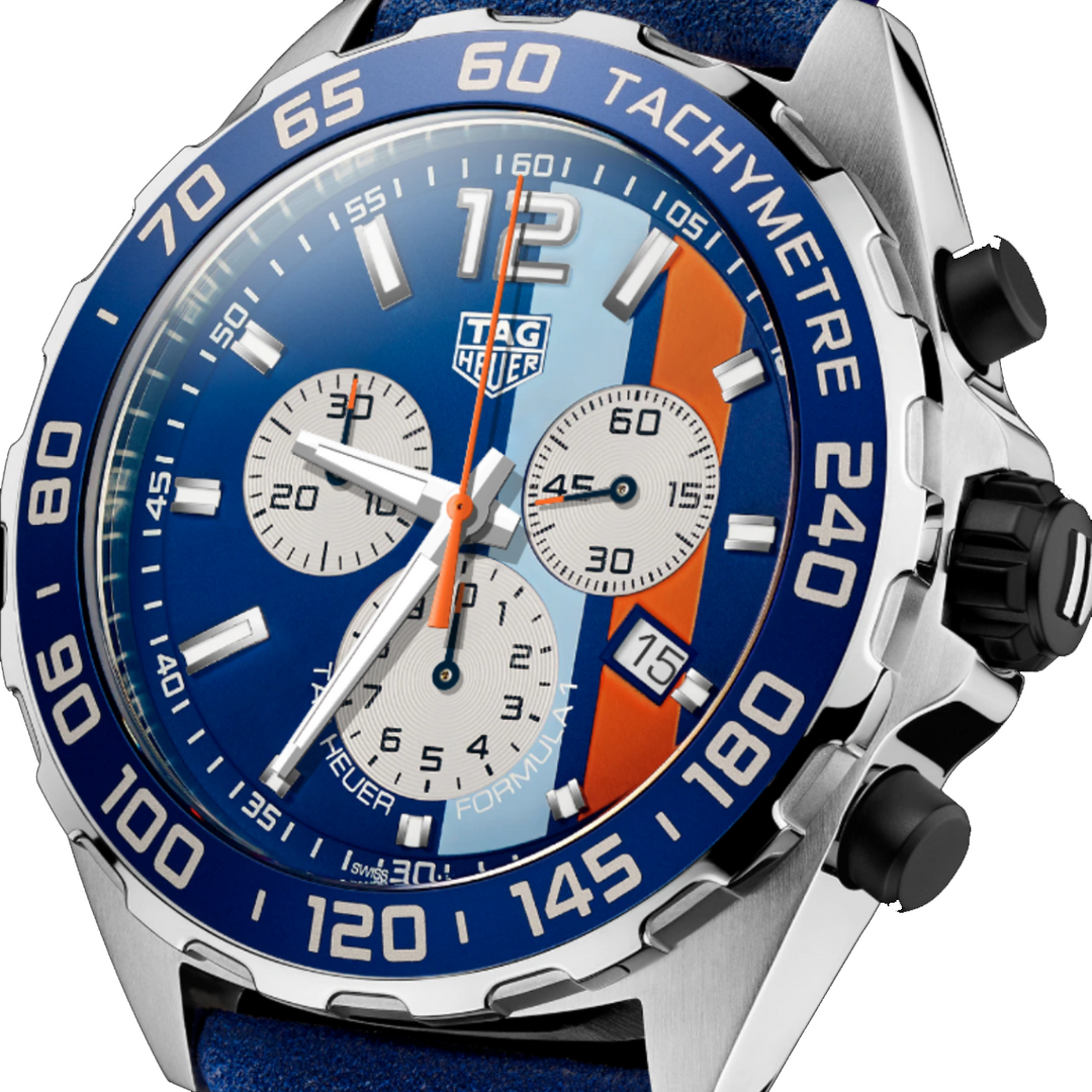 TAG Heuer Gulf Special Edition Chronograph Formula 1 Watch with Metal Bracelet Includes Original Leather Strap from steffans jewellers Steffans Jewellers