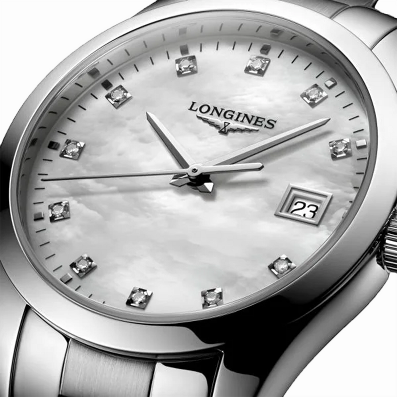 Longines Conquest Classic 24mm Mother Of Peal Diamond Dot Dial Quartz Ladies Watch