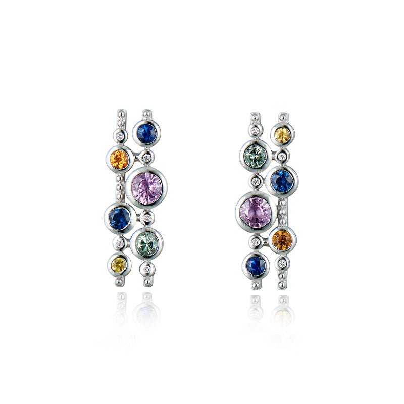 9ct White Gold & Multi-Coloured Sapphire Climber Earrings - Steffans Jewellers