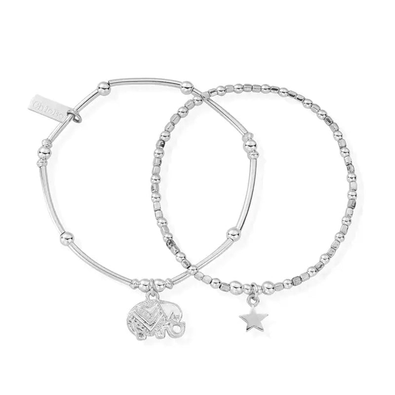 ChloBo Lucky Elephant & Star Silver Bracelet Set
