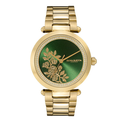 Olivia Burton Signature 34mm Floral T-Bar Green & Gold Bracelet Watch - Steffans Jewellers