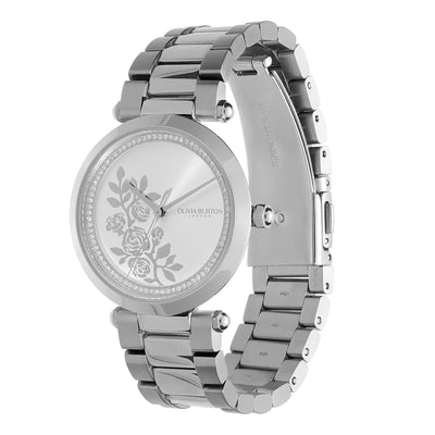 Olivia Burton Signature 34mm Floral T-Bar White & Silver Bracelet Watch - Steffans Jewellers