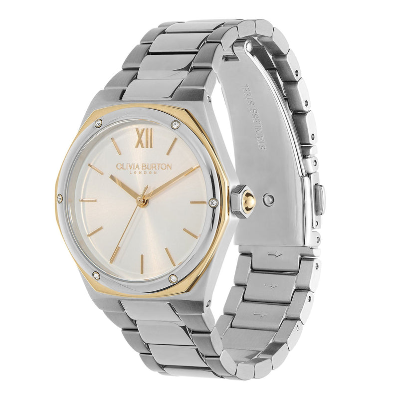 Olivia Burton Sports Luxe 33mm Hexa White, Gold & Silver Bracelet Watch - Steffans Jewellers