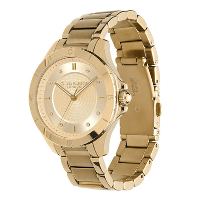 Olivia Burton Sports Luxe 36mm Guilloche Champagne & Gold Bracelet Watch - Steffans Jewellers
