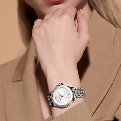 Olivia Burton Sports Luxe 36mm Guilloche Metallic White & Silver Bracelet Watch - Steffans Jewellers