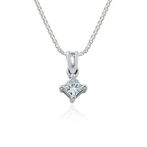 Steffans Princess Cut Diamond Claw Set Platinum Solitaire Pendant with Platinum Chain (0.16ct)