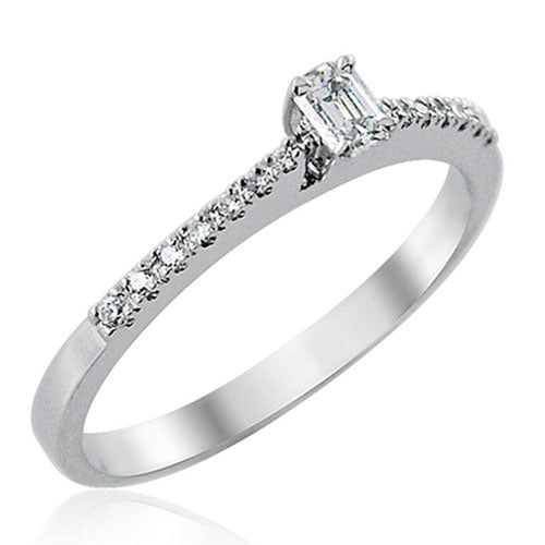 Steffans Emerald Cut Diamond, Platinum Solitaire Engagement Ring with Micro Set Diamond Tapered Shoulders (0.25ct)