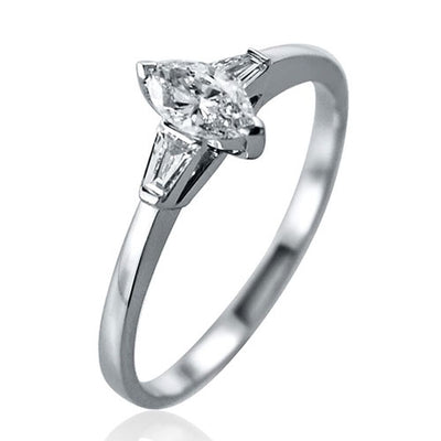 Steffans Marquise Cut Diamond Platinum Solitaire Engagement Ring with Baguette Cut Diamond Tapered Shoulders (0.38ct)