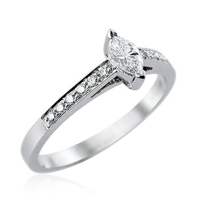 Steffans Marquise Cut Diamond Platinum Solitaire Engagement Ring with Grain Set Diamond Shoulders (0.38ct)