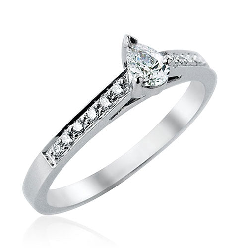 Steffans Pear Cut Diamond Platinum Solitaire Engagement Ring with Grain Set Diamond Shoulders (0.38ct)