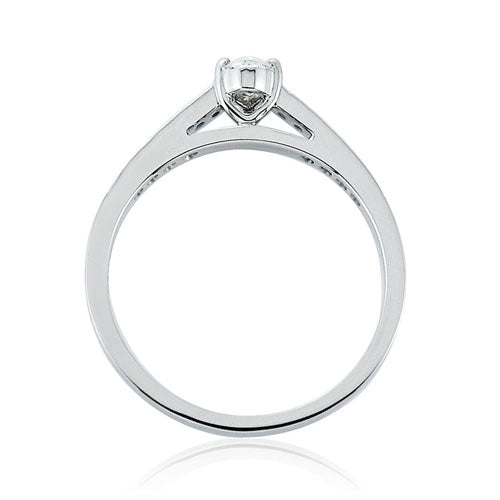 Steffans Pear Cut Diamond Platinum Solitaire Engagement Ring with Grain Set Diamond Shoulders (0.38ct)